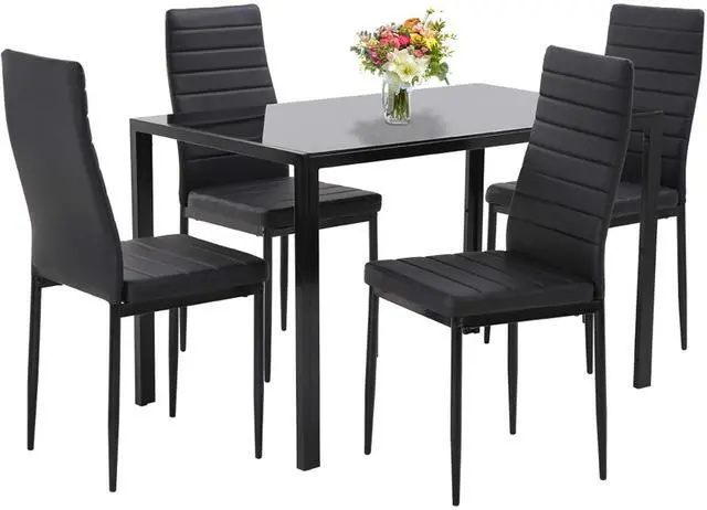 Main image of Dining Room Table Set 5-Piece Kitchen with 4 Faux Leather Metal Frame Chairs Rectangular Modern for Small Spaces w/Glass Tabletop Kitchen Table and Chairs, Black Glass