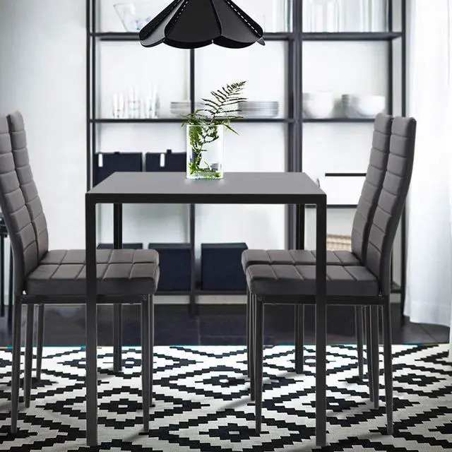 Alt view image 3 of 6 - Dining Room Table Set 5-Piece Kitchen with 4 Faux Leather Metal Frame Chairs Rectangular Modern for Small Spaces w/Glass Tabletop Kitchen Table and Chairs, Black Glass