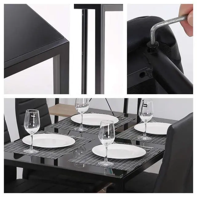 Alt view image 4 of 6 - Dining Room Table Set 5-Piece Kitchen with 4 Faux Leather Metal Frame Chairs Rectangular Modern for Small Spaces w/Glass Tabletop Kitchen Table and Chairs, Black Glass