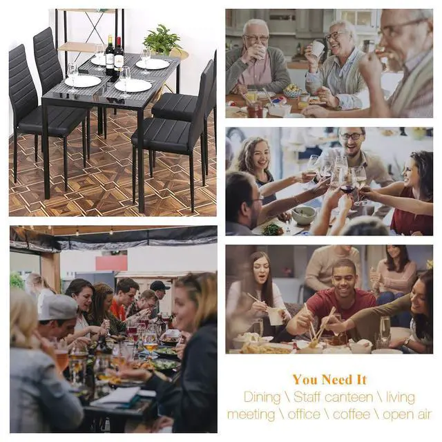Alt view image 6 of 6 - Dining Room Table Set 5-Piece Kitchen with 4 Faux Leather Metal Frame Chairs Rectangular Modern for Small Spaces w/Glass Tabletop Kitchen Table and Chairs, Black Glass