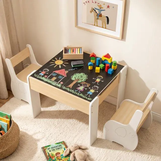 Alt view image 2 of 6 - 3 in 1 Kids Table and Chair Set, Wood Multi Activity Table with Removable Tabletop Storage, Detachable Blackboard for Toddler Playing Drawing Arts Crafts,3 PCS Children Furniture