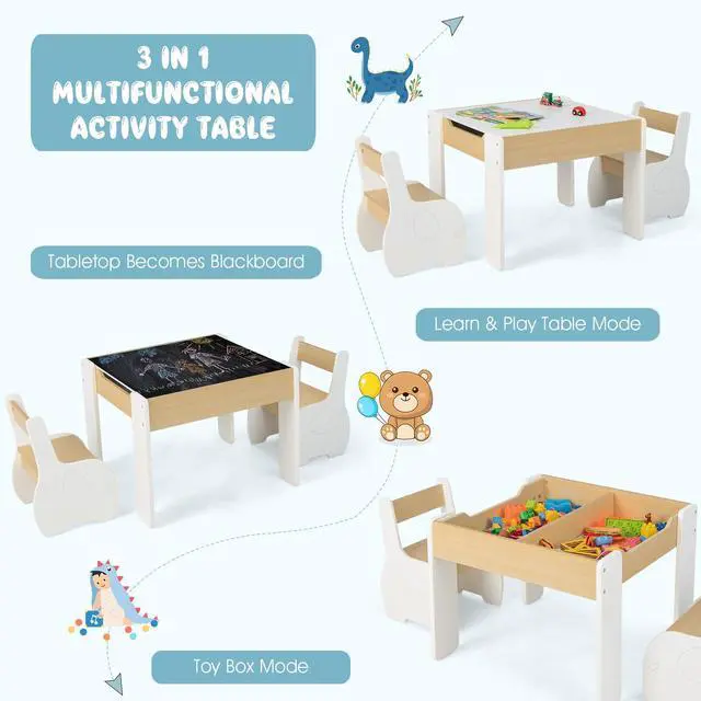 Alt view image 3 of 6 - 3 in 1 Kids Table and Chair Set, Wood Multi Activity Table with Removable Tabletop Storage, Detachable Blackboard for Toddler Playing Drawing Arts Crafts,3 PCS Children Furniture