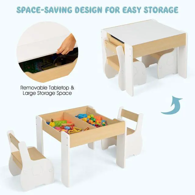 Alt view image 4 of 6 - 3 in 1 Kids Table and Chair Set, Wood Multi Activity Table with Removable Tabletop Storage, Detachable Blackboard for Toddler Playing Drawing Arts Crafts,3 PCS Children Furniture