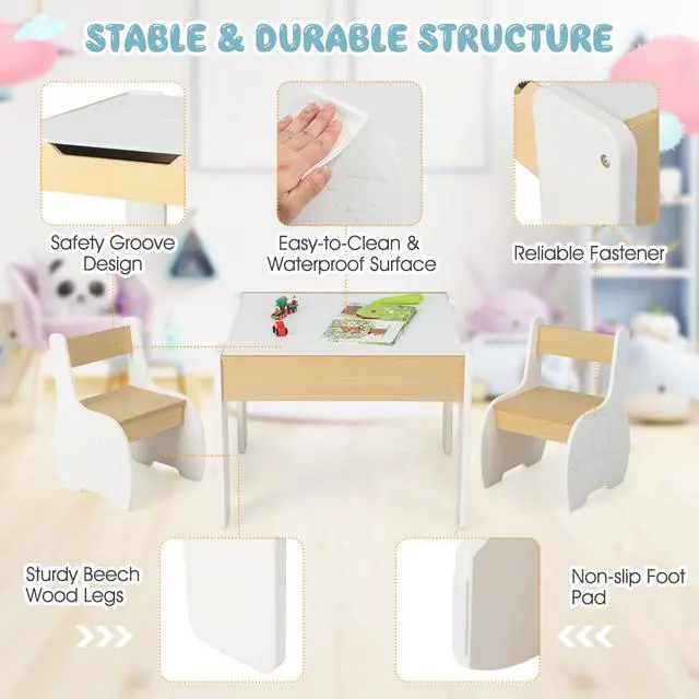 Alt view image 5 of 6 - 3 in 1 Kids Table and Chair Set, Wood Multi Activity Table with Removable Tabletop Storage, Detachable Blackboard for Toddler Playing Drawing Arts Crafts,3 PCS Children Furniture