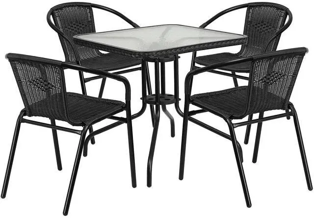 Main image of 5-Piece 28" Square Indoor/Outdoor Patio Table and Chairs Set, Dining Set with Glass Metal Bistro Table, 4 Stack Rattan Chairs, Black