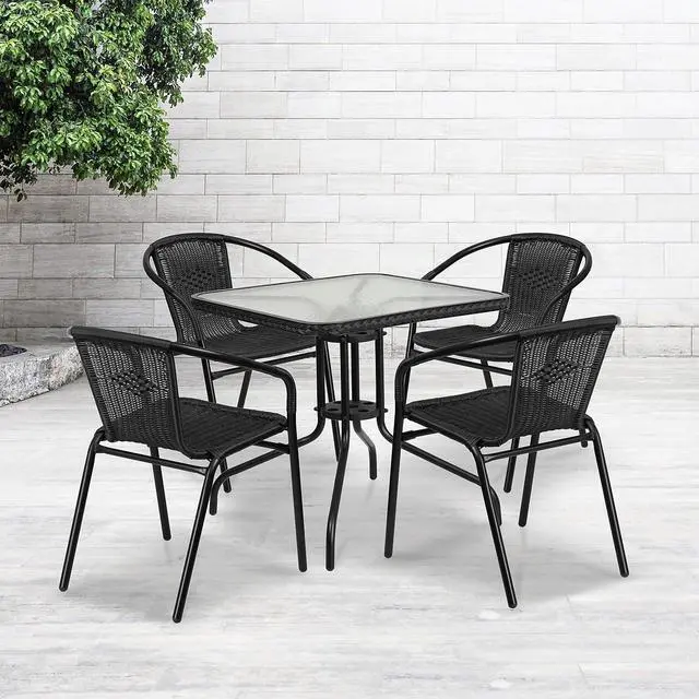 Alt view image 2 of 6 - 5-Piece 28" Square Indoor/Outdoor Patio Table and Chairs Set, Dining Set with Glass Metal Bistro Table, 4 Stack Rattan Chairs, Black