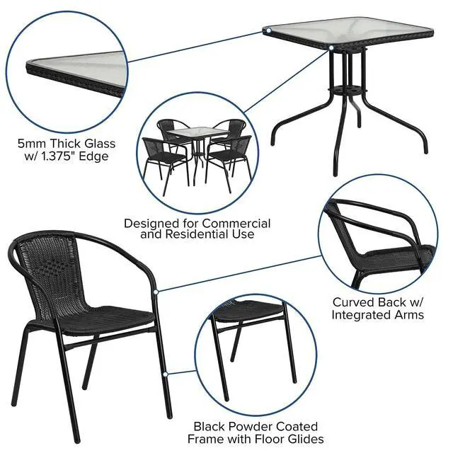 Alt view image 3 of 6 - 5-Piece 28" Square Indoor/Outdoor Patio Table and Chairs Set, Dining Set with Glass Metal Bistro Table, 4 Stack Rattan Chairs, Black