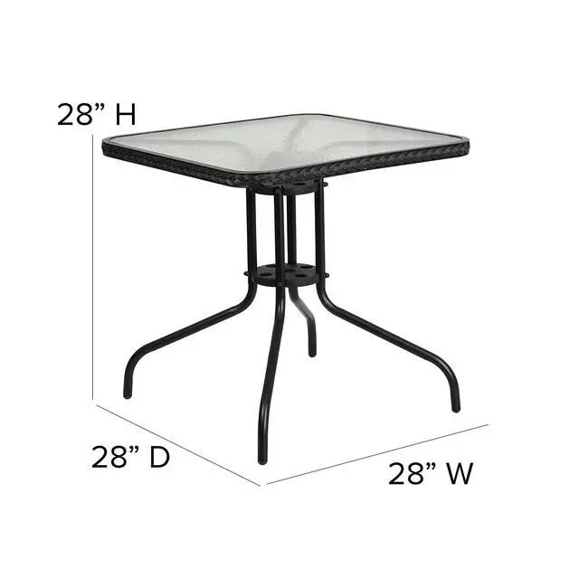 Alt view image 4 of 6 - 5-Piece 28" Square Indoor/Outdoor Patio Table and Chairs Set, Dining Set with Glass Metal Bistro Table, 4 Stack Rattan Chairs, Black