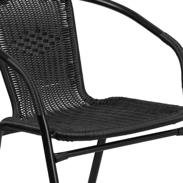 Alt view image 5 of 6 - 5-Piece 28" Square Indoor/Outdoor Patio Table and Chairs Set, Dining Set with Glass Metal Bistro Table, 4 Stack Rattan Chairs, Black