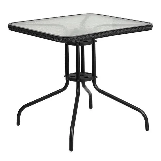 Alt view image 6 of 6 - 5-Piece 28" Square Indoor/Outdoor Patio Table and Chairs Set, Dining Set with Glass Metal Bistro Table, 4 Stack Rattan Chairs, Black