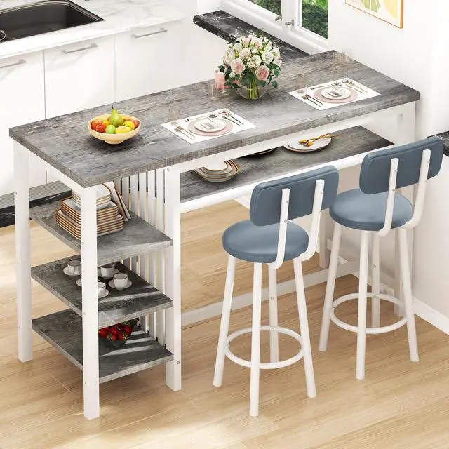 Main image of 3-Piece Bar Table and Chairs Set, Counter Height Dining Table Set with Storage & 2 Upholstered Stools, Hightop Kitchen Bar Table for Small Space, Pub & Bistro