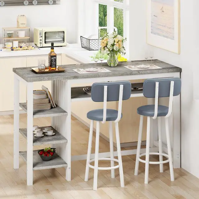 Alt view image 2 of 6 - 3-Piece Bar Table and Chairs Set, Counter Height Dining Table Set with Storage & 2 Upholstered Stools, Hightop Kitchen Bar Table for Small Space, Pub & Bistro