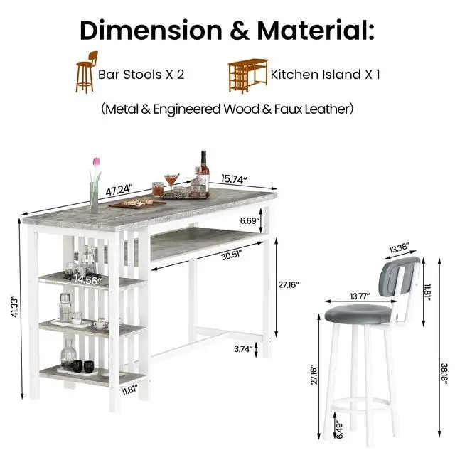 Alt view image 3 of 6 - 3-Piece Bar Table and Chairs Set, Counter Height Dining Table Set with Storage & 2 Upholstered Stools, Hightop Kitchen Bar Table for Small Space, Pub & Bistro