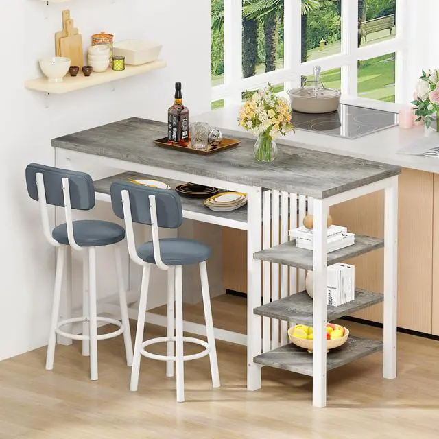 Alt view image 4 of 6 - 3-Piece Bar Table and Chairs Set, Counter Height Dining Table Set with Storage & 2 Upholstered Stools, Hightop Kitchen Bar Table for Small Space, Pub & Bistro