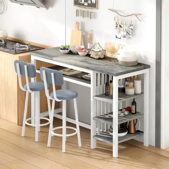 Alt view image 5 of 6 - 3-Piece Bar Table and Chairs Set, Counter Height Dining Table Set with Storage & 2 Upholstered Stools, Hightop Kitchen Bar Table for Small Space, Pub & Bistro