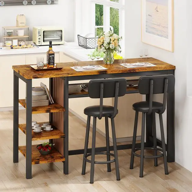 Alt view image 2 of 6 - 3-Piece Bar Table and Chairs Set, Counter Height Dining Table Set with Storage & 2 Upholstered Stools, Hightop Kitchen Bar Table for Small Space, Pub & Bistro