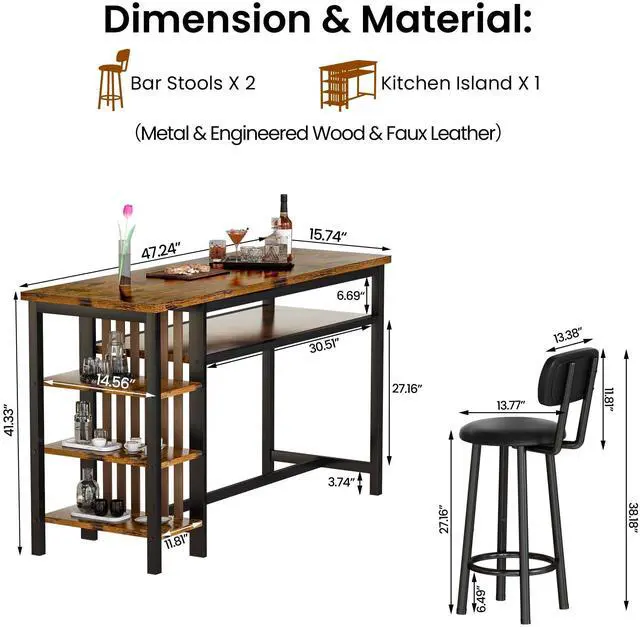 Alt view image 3 of 6 - 3-Piece Bar Table and Chairs Set, Counter Height Dining Table Set with Storage & 2 Upholstered Stools, Hightop Kitchen Bar Table for Small Space, Pub & Bistro