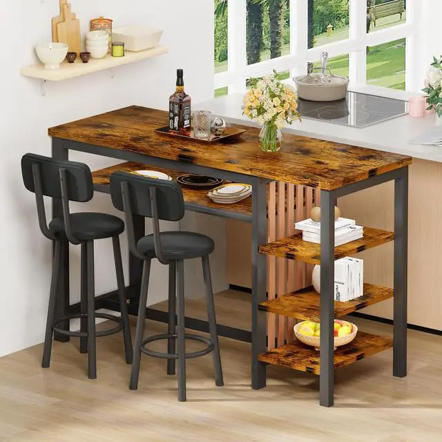 Alt view image 4 of 6 - 3-Piece Bar Table and Chairs Set, Counter Height Dining Table Set with Storage & 2 Upholstered Stools, Hightop Kitchen Bar Table for Small Space, Pub & Bistro