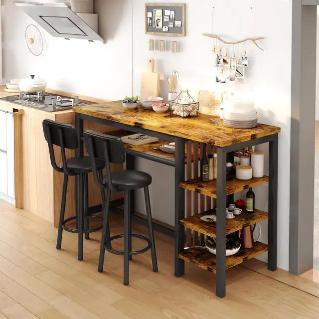 Alt view image 5 of 6 - 3-Piece Bar Table and Chairs Set, Counter Height Dining Table Set with Storage & 2 Upholstered Stools, Hightop Kitchen Bar Table for Small Space, Pub & Bistro