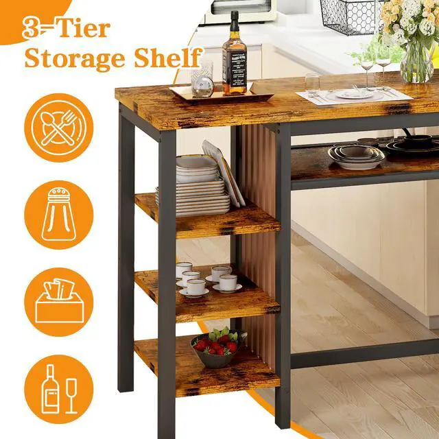 Alt view image 6 of 6 - 3-Piece Bar Table and Chairs Set, Counter Height Dining Table Set with Storage & 2 Upholstered Stools, Hightop Kitchen Bar Table for Small Space, Pub & Bistro