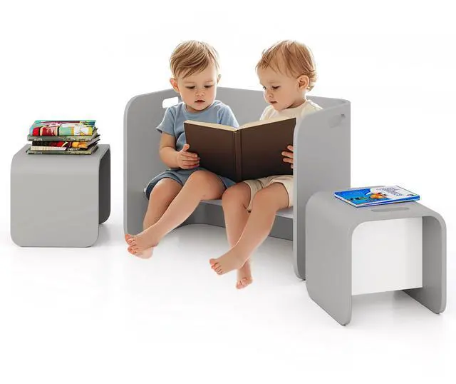 Main image of Kids Table and Chair Set, All in 1 Birch Wood Activity Table, Bench, Storage Shelves, Desk for Children Reading, Arts, Crafts, Snack Time, Fully Assembled, Toddler Table & Chair Set (Gray)