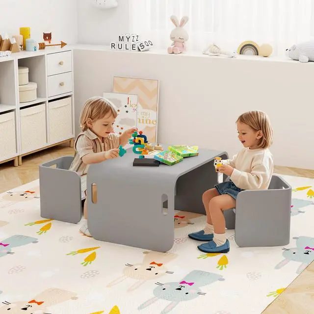 Alt view image 2 of 6 - Kids Table and Chair Set, All in 1 Birch Wood Activity Table, Bench, Storage Shelves, Desk for Children Reading, Arts, Crafts, Snack Time, Fully Assembled, Toddler Table & Chair Set (Gray)