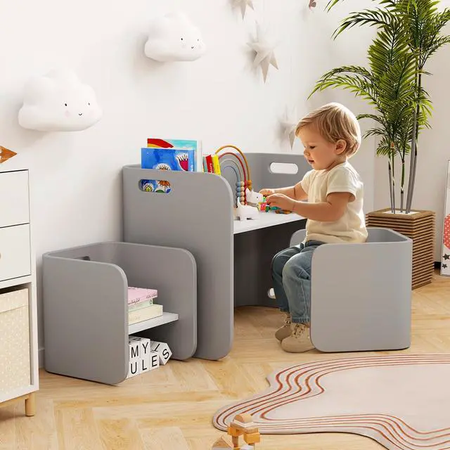 Alt view image 3 of 6 - Kids Table and Chair Set, All in 1 Birch Wood Activity Table, Bench, Storage Shelves, Desk for Children Reading, Arts, Crafts, Snack Time, Fully Assembled, Toddler Table & Chair Set (Gray)