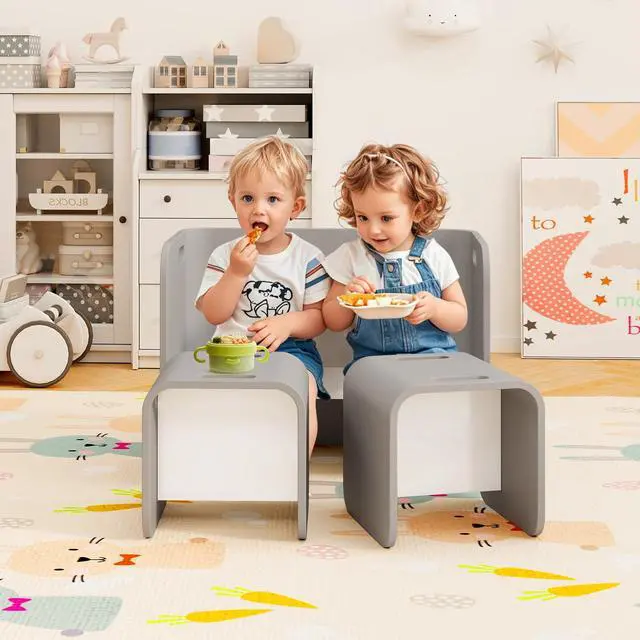 Alt view image 4 of 6 - Kids Table and Chair Set, All in 1 Birch Wood Activity Table, Bench, Storage Shelves, Desk for Children Reading, Arts, Crafts, Snack Time, Fully Assembled, Toddler Table & Chair Set (Gray)