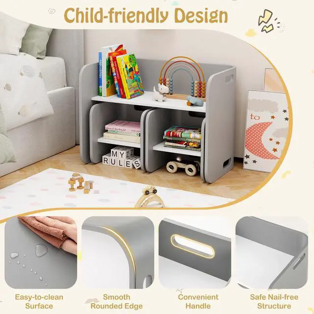 Alt view image 5 of 6 - Kids Table and Chair Set, All in 1 Birch Wood Activity Table, Bench, Storage Shelves, Desk for Children Reading, Arts, Crafts, Snack Time, Fully Assembled, Toddler Table & Chair Set (Gray)