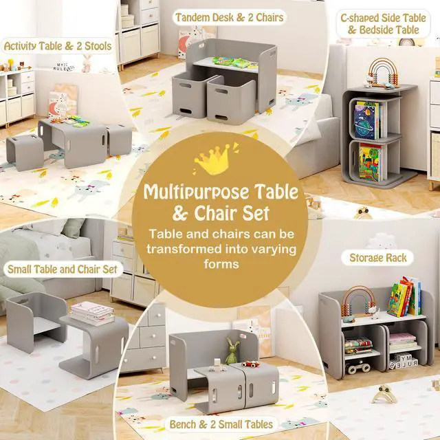 Alt view image 6 of 6 - Kids Table and Chair Set, All in 1 Birch Wood Activity Table, Bench, Storage Shelves, Desk for Children Reading, Arts, Crafts, Snack Time, Fully Assembled, Toddler Table & Chair Set (Gray)