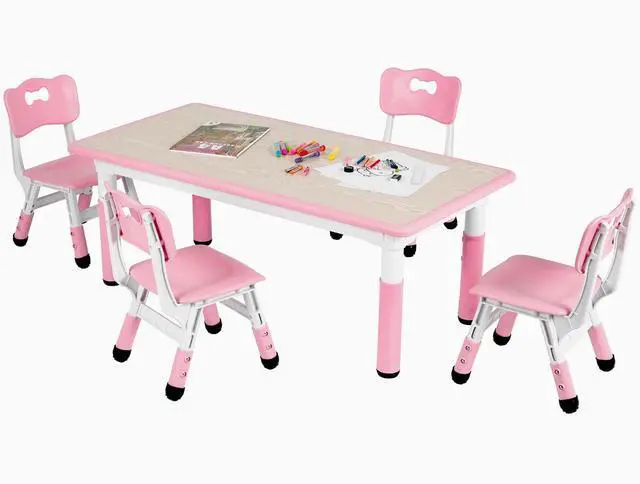 Main image of Kids Table and 4 Chairs, Height Adjustable Toddler Desk & Chair Set, Anti-Slip Legs, Graffiti Desktop, Children Large Multi-Activity Table with 47.2" x 23.6", Classroom, Homes, Daycares (Pink)