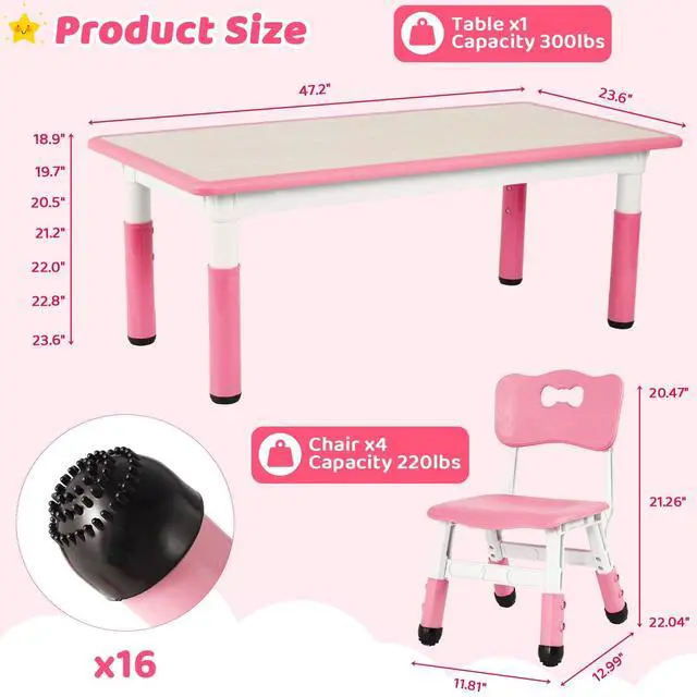 Alt view image 2 of 6 - Kids Table and 4 Chairs, Height Adjustable Toddler Desk & Chair Set, Anti-Slip Legs, Graffiti Desktop, Children Large Multi-Activity Table with 47.2" x 23.6", Classroom, Homes, Daycares (Pink)