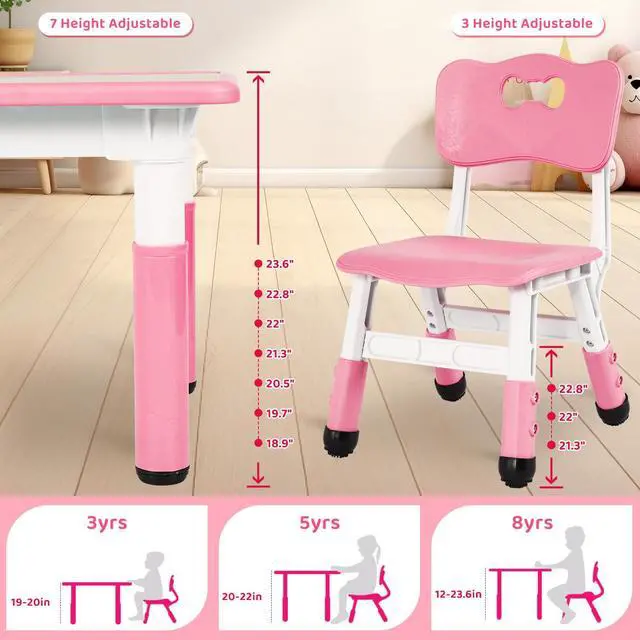 Alt view image 3 of 6 - Kids Table and 4 Chairs, Height Adjustable Toddler Desk & Chair Set, Anti-Slip Legs, Graffiti Desktop, Children Large Multi-Activity Table with 47.2" x 23.6", Classroom, Homes, Daycares (Pink)