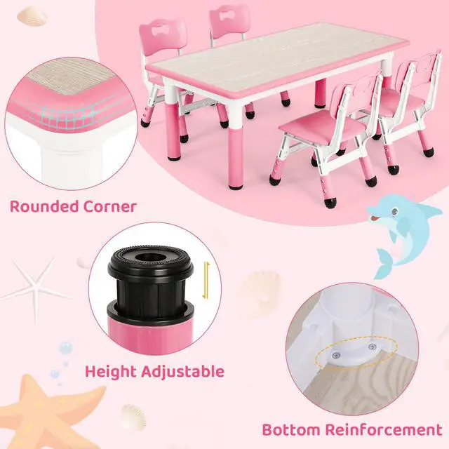 Alt view image 4 of 6 - Kids Table and 4 Chairs, Height Adjustable Toddler Desk & Chair Set, Anti-Slip Legs, Graffiti Desktop, Children Large Multi-Activity Table with 47.2" x 23.6", Classroom, Homes, Daycares (Pink)