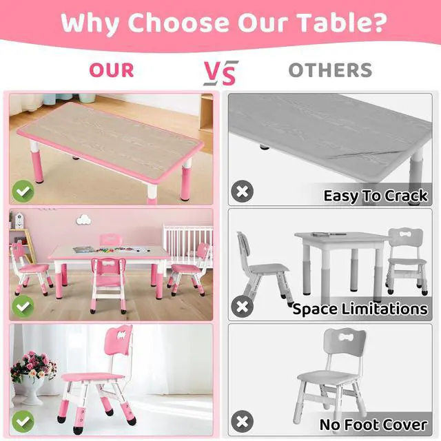 Alt view image 6 of 6 - Kids Table and 4 Chairs, Height Adjustable Toddler Desk & Chair Set, Anti-Slip Legs, Graffiti Desktop, Children Large Multi-Activity Table with 47.2" x 23.6", Classroom, Homes, Daycares (Pink)