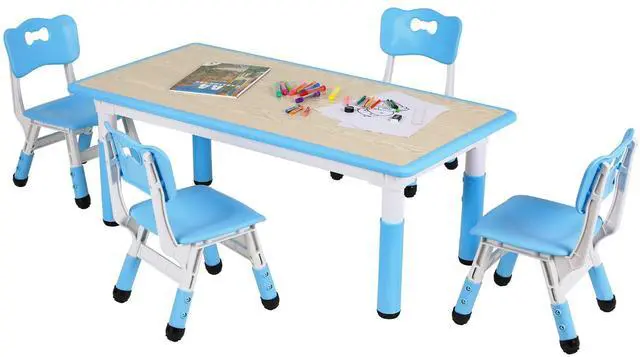 Main image of Kids Table and 4 Chairs, Height Adjustable Toddler Desk & Chair Set, Anti-Slip Legs, Graffiti Desktop, Children Large Multi-Activity Table with 47.2" x 23.6", Classroom, Homes, Daycares (Blue)