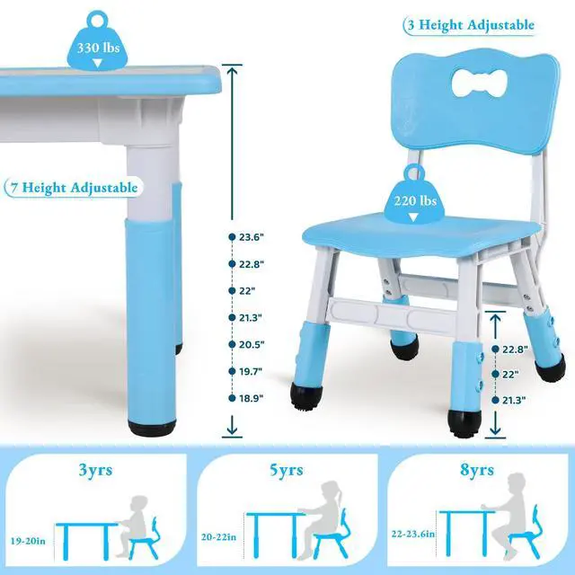 Alt view image 2 of 6 - Kids Table and 4 Chairs, Height Adjustable Toddler Desk & Chair Set, Anti-Slip Legs, Graffiti Desktop, Children Large Multi-Activity Table with 47.2" x 23.6", Classroom, Homes, Daycares (Blue)
