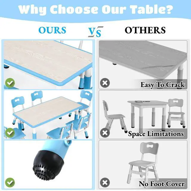 Alt view image 3 of 6 - Kids Table and 4 Chairs, Height Adjustable Toddler Desk & Chair Set, Anti-Slip Legs, Graffiti Desktop, Children Large Multi-Activity Table with 47.2" x 23.6", Classroom, Homes, Daycares (Blue)