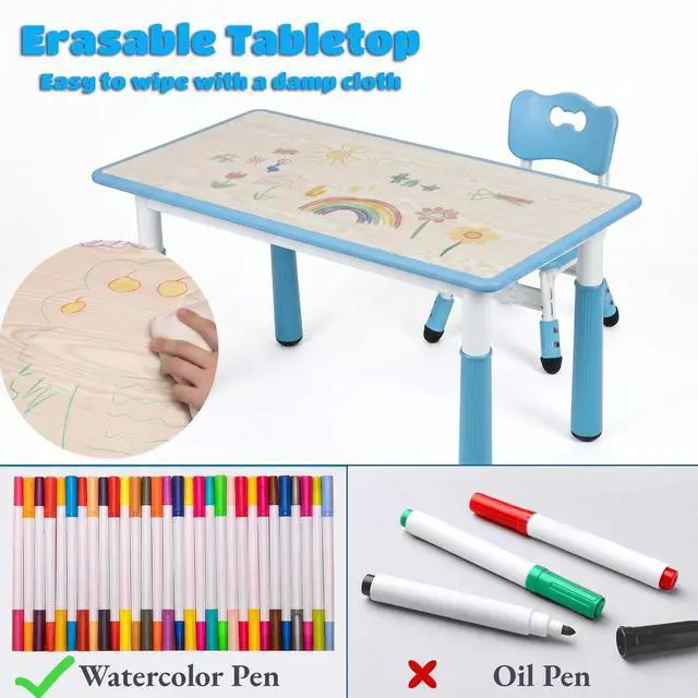Alt view image 6 of 6 - Kids Table and 4 Chairs, Height Adjustable Toddler Desk & Chair Set, Anti-Slip Legs, Graffiti Desktop, Children Large Multi-Activity Table with 47.2" x 23.6", Classroom, Homes, Daycares (Blue)