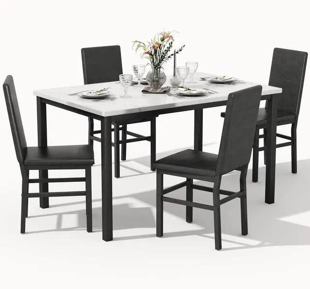 Main image of Dining Table Set for 4, 5-Piece Faux Marble Dining Set,4 Upholstered PU Chairs, Modern Kitchen Table Furniture for Dining Room,Compact Space-Saving Faux Marble Tabletop (White + Black)