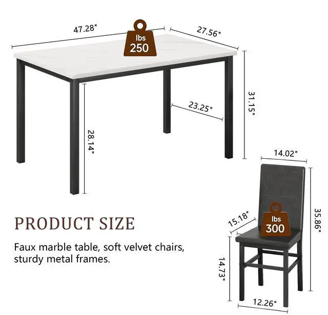 Alt view image 2 of 6 - Dining Table Set for 4, 5-Piece Faux Marble Dining Set,4 Upholstered PU Chairs, Modern Kitchen Table Furniture for Dining Room,Compact Space-Saving Faux Marble Tabletop (White + Black)