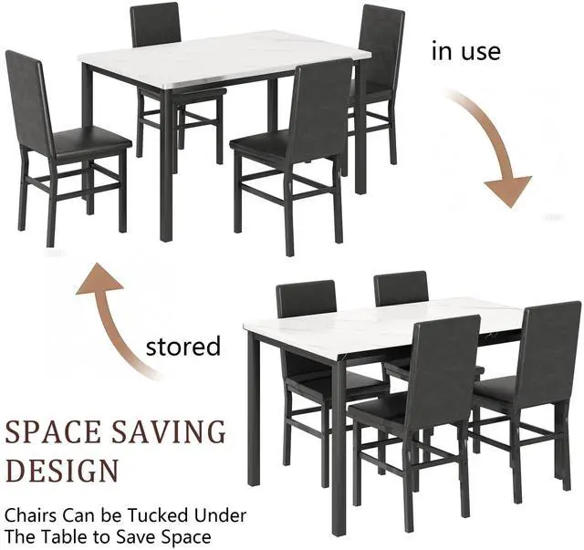 Alt view image 3 of 6 - Dining Table Set for 4, 5-Piece Faux Marble Dining Set,4 Upholstered PU Chairs, Modern Kitchen Table Furniture for Dining Room,Compact Space-Saving Faux Marble Tabletop (White + Black)