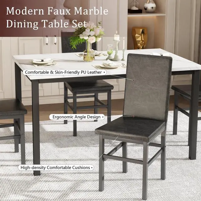 Alt view image 4 of 6 - Dining Table Set for 4, 5-Piece Faux Marble Dining Set,4 Upholstered PU Chairs, Modern Kitchen Table Furniture for Dining Room,Compact Space-Saving Faux Marble Tabletop (White + Black)