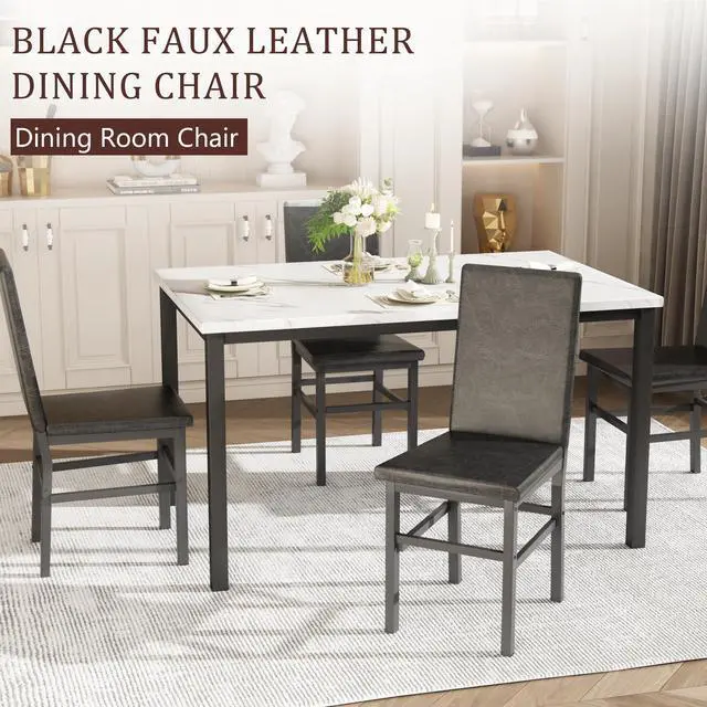 Alt view image 5 of 6 - Dining Table Set for 4, 5-Piece Faux Marble Dining Set,4 Upholstered PU Chairs, Modern Kitchen Table Furniture for Dining Room,Compact Space-Saving Faux Marble Tabletop (White + Black)