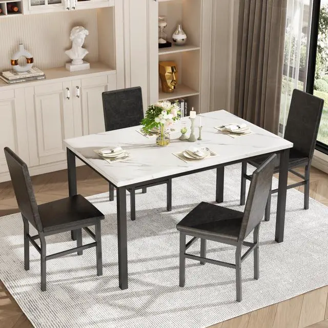 Alt view image 6 of 6 - Dining Table Set for 4, 5-Piece Faux Marble Dining Set,4 Upholstered PU Chairs, Modern Kitchen Table Furniture for Dining Room,Compact Space-Saving Faux Marble Tabletop (White + Black)
