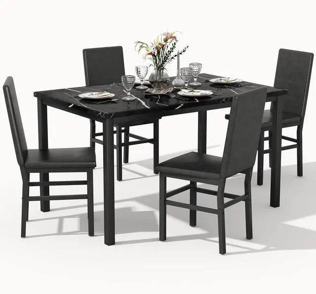 Main image of Dining Table Set for 4, 5-Piece Faux Marble Dining Set,4 Upholstered PU Chairs, Modern Kitchen Table Furniture for Dining Room,Compact Space-Saving Faux Marble Tabletop (Black + Black)