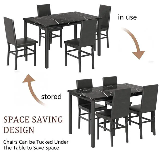Alt view image 3 of 6 - Dining Table Set for 4, 5-Piece Faux Marble Dining Set,4 Upholstered PU Chairs, Modern Kitchen Table Furniture for Dining Room,Compact Space-Saving Faux Marble Tabletop (Black + Black)
