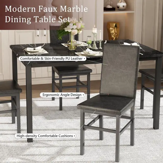 Alt view image 4 of 6 - Dining Table Set for 4, 5-Piece Faux Marble Dining Set,4 Upholstered PU Chairs, Modern Kitchen Table Furniture for Dining Room,Compact Space-Saving Faux Marble Tabletop (Black + Black)