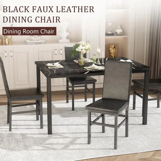 Alt view image 5 of 6 - Dining Table Set for 4, 5-Piece Faux Marble Dining Set,4 Upholstered PU Chairs, Modern Kitchen Table Furniture for Dining Room,Compact Space-Saving Faux Marble Tabletop (Black + Black)