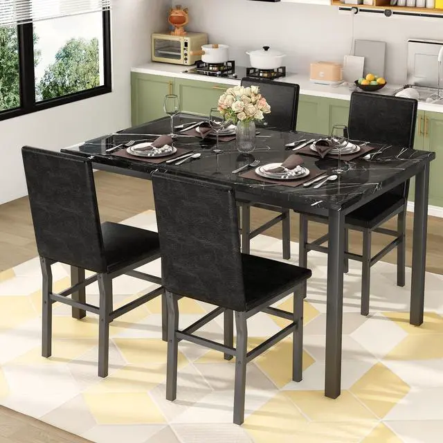 Alt view image 6 of 6 - Dining Table Set for 4, 5-Piece Faux Marble Dining Set,4 Upholstered PU Chairs, Modern Kitchen Table Furniture for Dining Room,Compact Space-Saving Faux Marble Tabletop (Black + Black)